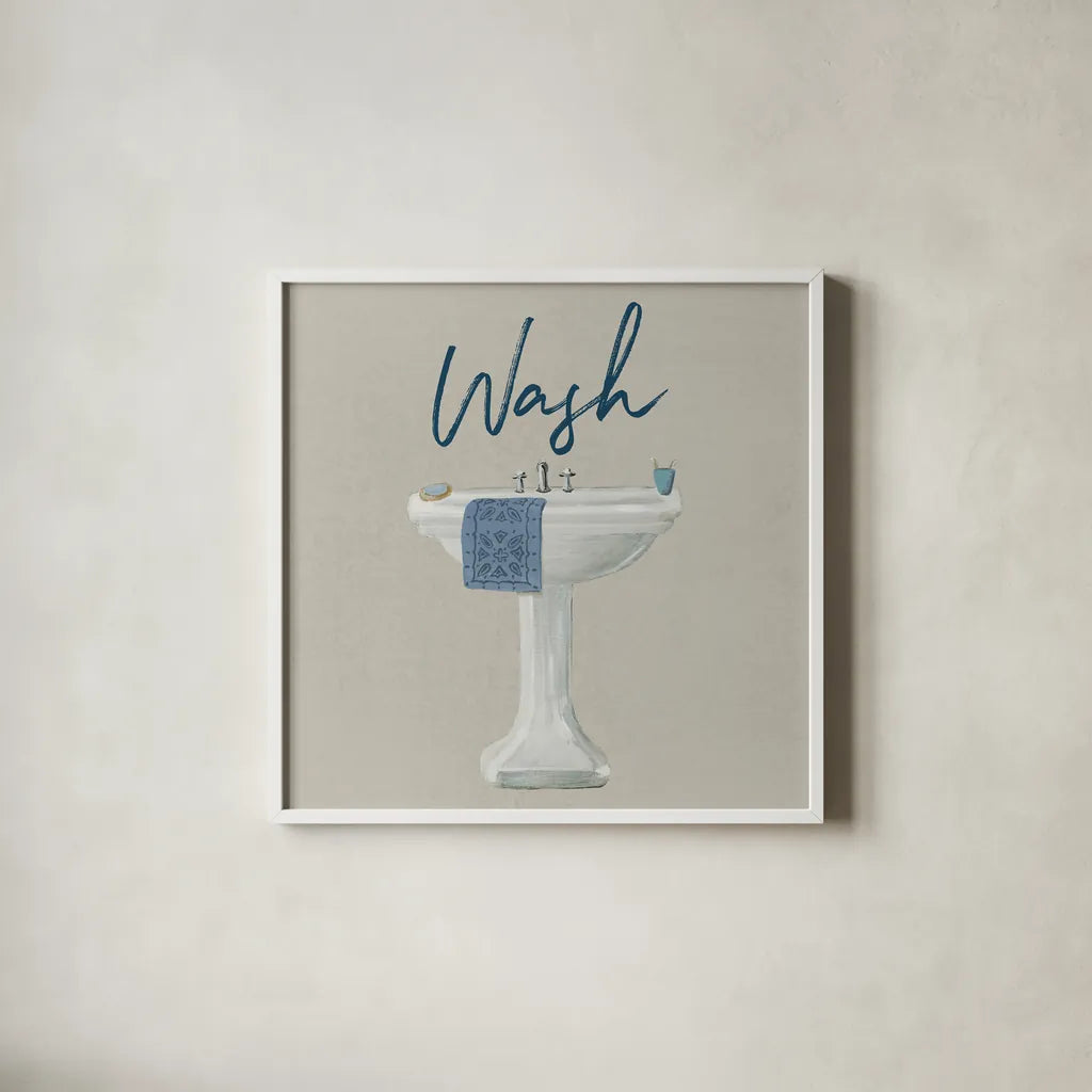 Cottage Bath I Gray by Wild Apple Portfolio. Shown in a crisp white glass frame for a clean and minimalist style. Available as an archival giclee rolled canvas, fine art paper, or poster print. SKU 63056a.