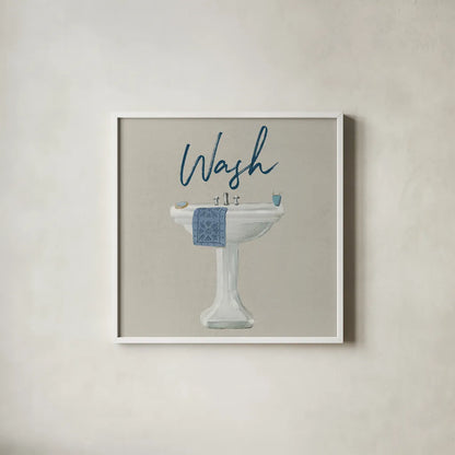 Cottage Bath I Gray by Wild Apple Portfolio. Shown in a crisp white glass frame for a clean and minimalist style. Available as an archival giclee rolled canvas, fine art paper, or poster print. SKU 63056a.