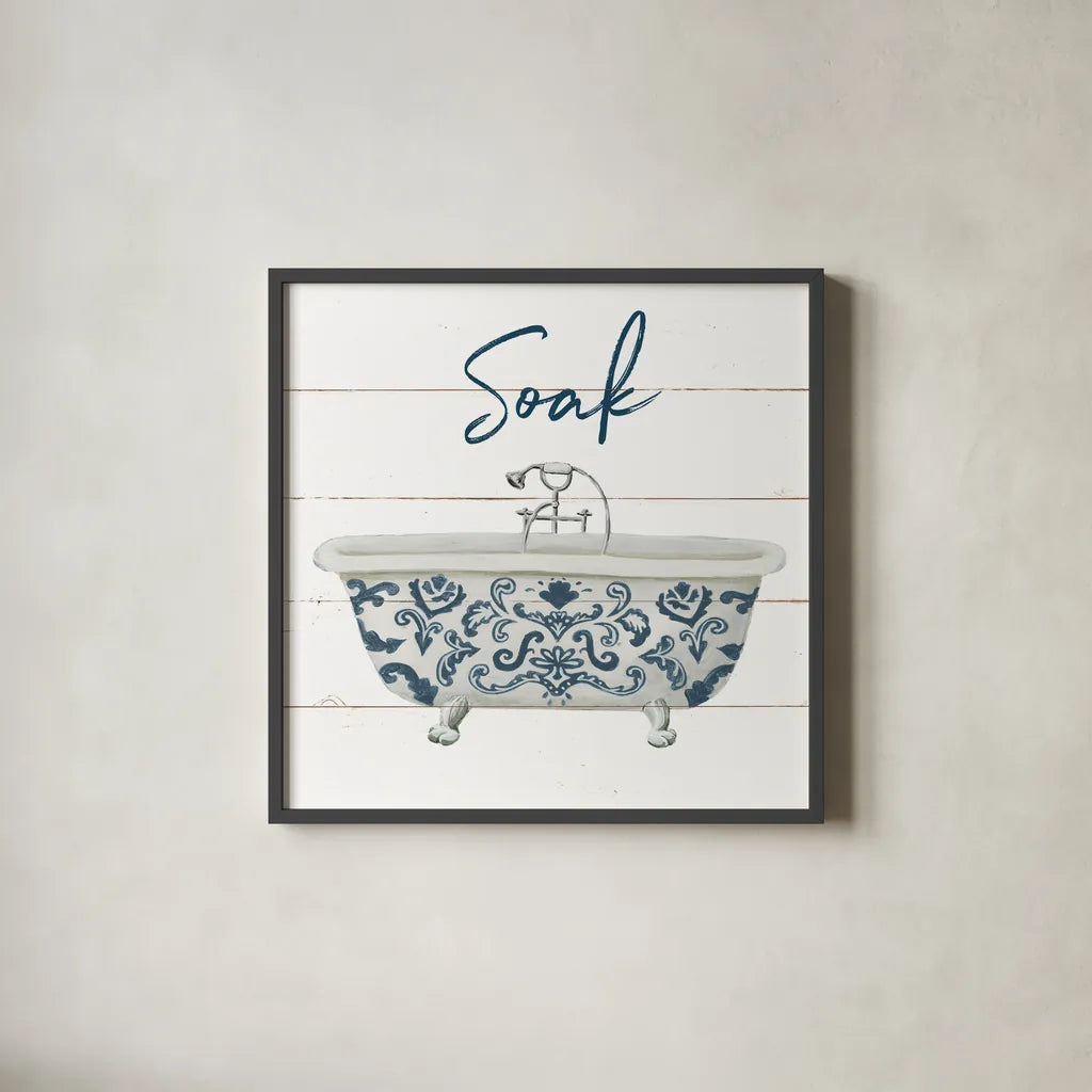 Cottage Bath II by Wild Apple Portfolio. Shown in a sleek black glass frame for a contemporary gallery look. Available as an archival giclee rolled canvas, fine art paper, or poster print. SKU 62972a.