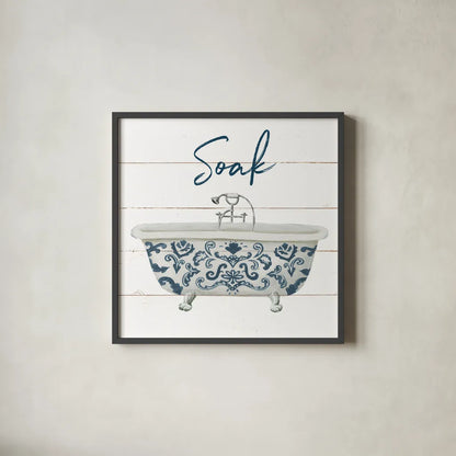 Cottage Bath II by Wild Apple Portfolio. Shown in a sleek black glass frame for a contemporary gallery look. Available as an archival giclee rolled canvas, fine art paper, or poster print. SKU 62972a.