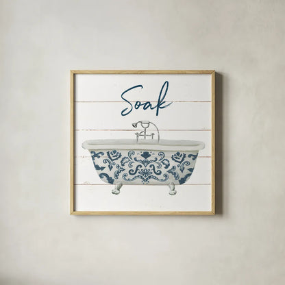 Cottage Bath II by Wild Apple Portfolio. Shown in a natural wood glass frame for a timeless modern aesthetic. Available as an archival giclee rolled canvas, fine art paper, or poster print. SKU 62972a.