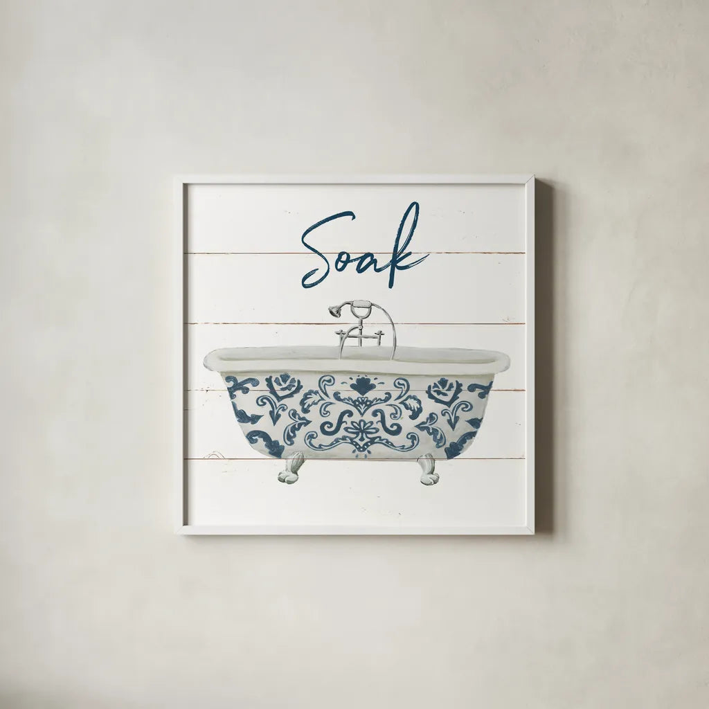 Cottage Bath II by Wild Apple Portfolio. Shown in a crisp white glass frame for a clean and minimalist style. Available as an archival giclee rolled canvas, fine art paper, or poster print. SKU 62972a.