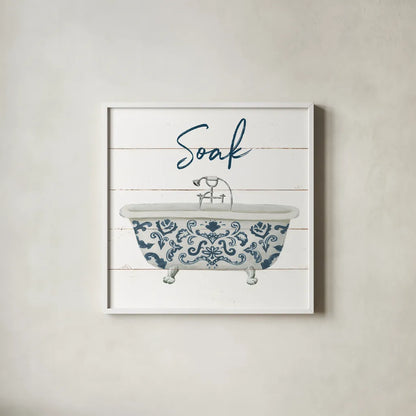 Cottage Bath II by Wild Apple Portfolio. Shown in a crisp white glass frame for a clean and minimalist style. Available as an archival giclee rolled canvas, fine art paper, or poster print. SKU 62972a.