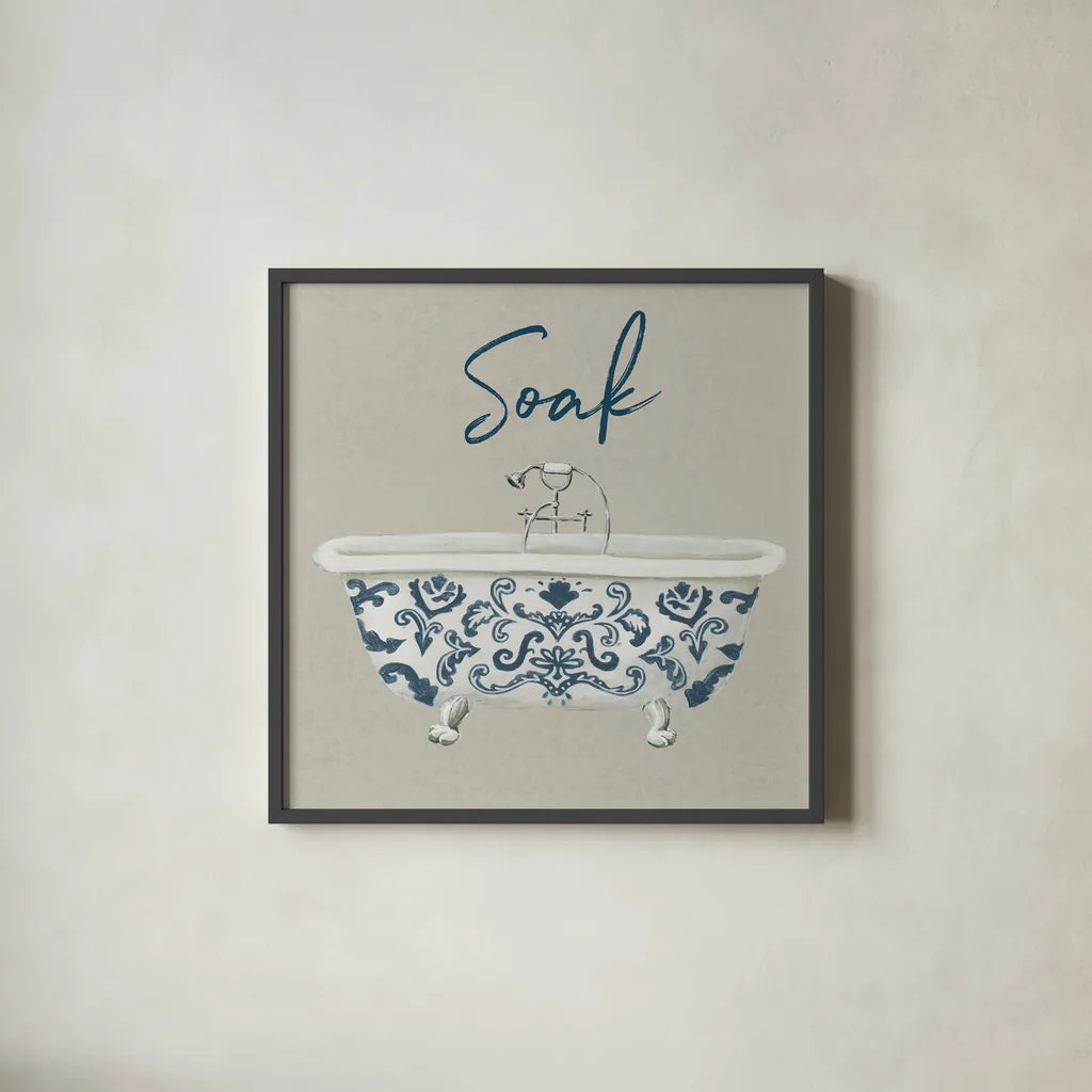 Cottage Bath II Gray by Wild Apple Portfolio. Shown in a sleek black glass frame for a contemporary gallery look. Available as an archival giclee rolled canvas, fine art paper, or poster print. SKU 63057a.