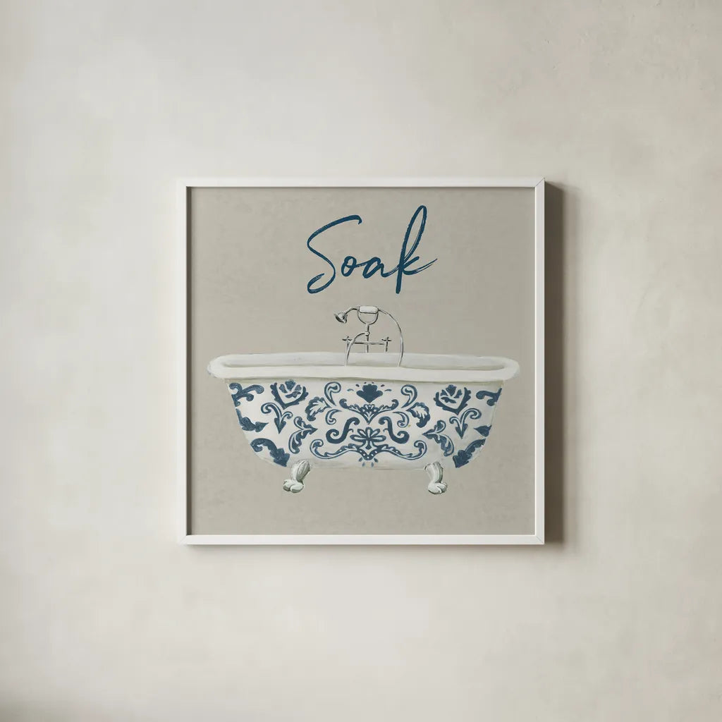 Cottage Bath II Gray by Wild Apple Portfolio. Shown in a crisp white glass frame for a clean and minimalist style. Available as an archival giclee rolled canvas, fine art paper, or poster print. SKU 63057a.