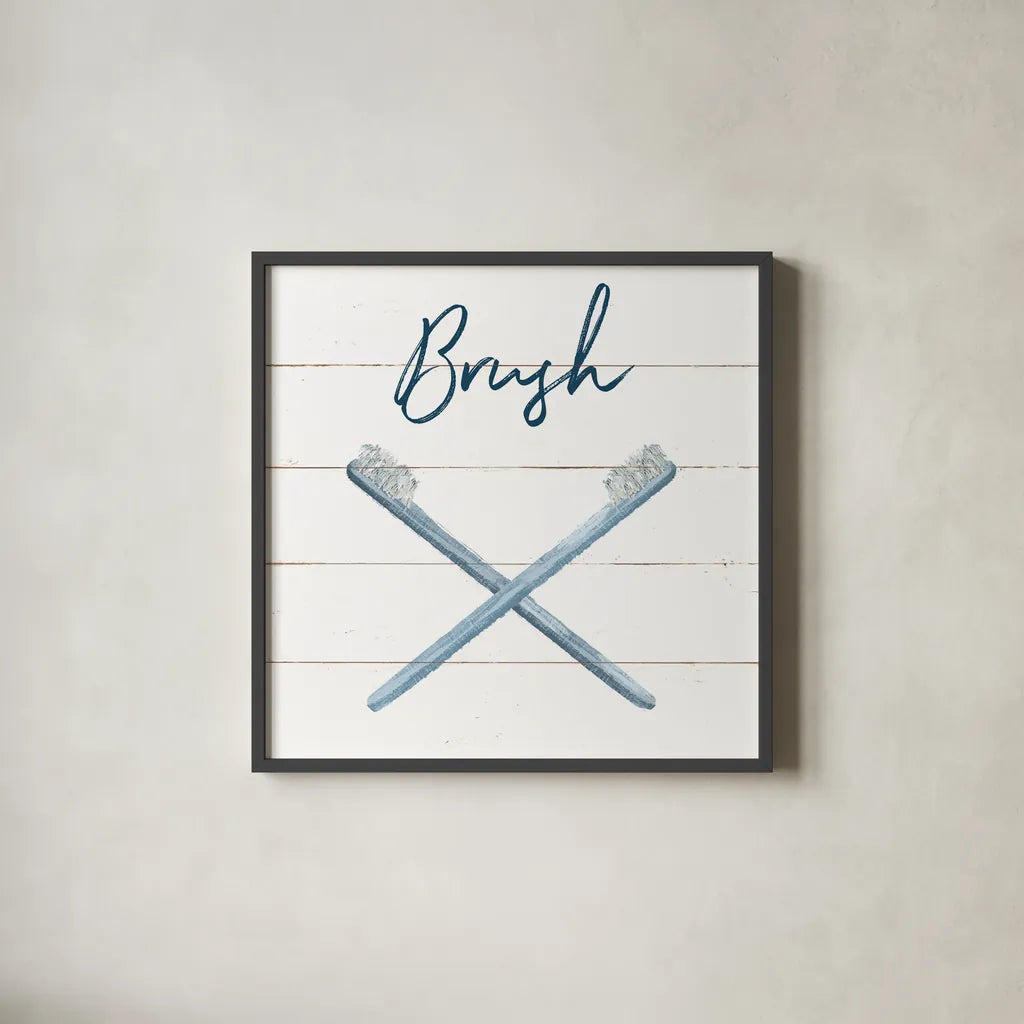 Cottage Bath III by Wild Apple Portfolio. Shown in a sleek black glass frame for a contemporary gallery look. Available as an archival giclee rolled canvas, fine art paper, or poster print. SKU 62973a.