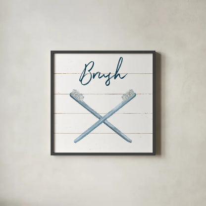 Cottage Bath III by Wild Apple Portfolio. Shown in a sleek black glass frame for a contemporary gallery look. Available as an archival giclee rolled canvas, fine art paper, or poster print. SKU 62973a.