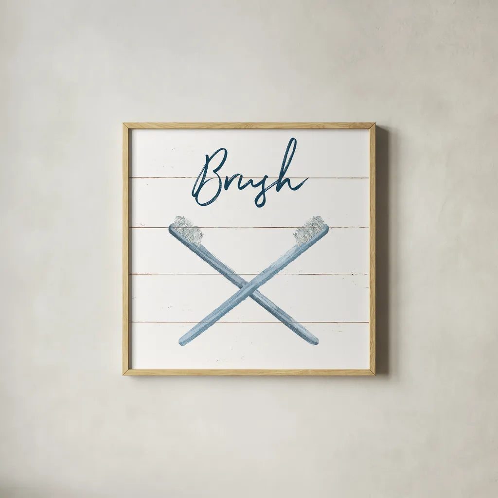 Cottage Bath III by Wild Apple Portfolio. Shown in a natural wood glass frame for a timeless modern aesthetic. Available as an archival giclee rolled canvas, fine art paper, or poster print. SKU 62973a.