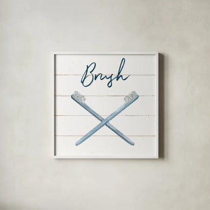 Cottage Bath III by Wild Apple Portfolio. Shown in a crisp white glass frame for a clean and minimalist style. Available as an archival giclee rolled canvas, fine art paper, or poster print. SKU 62973a.