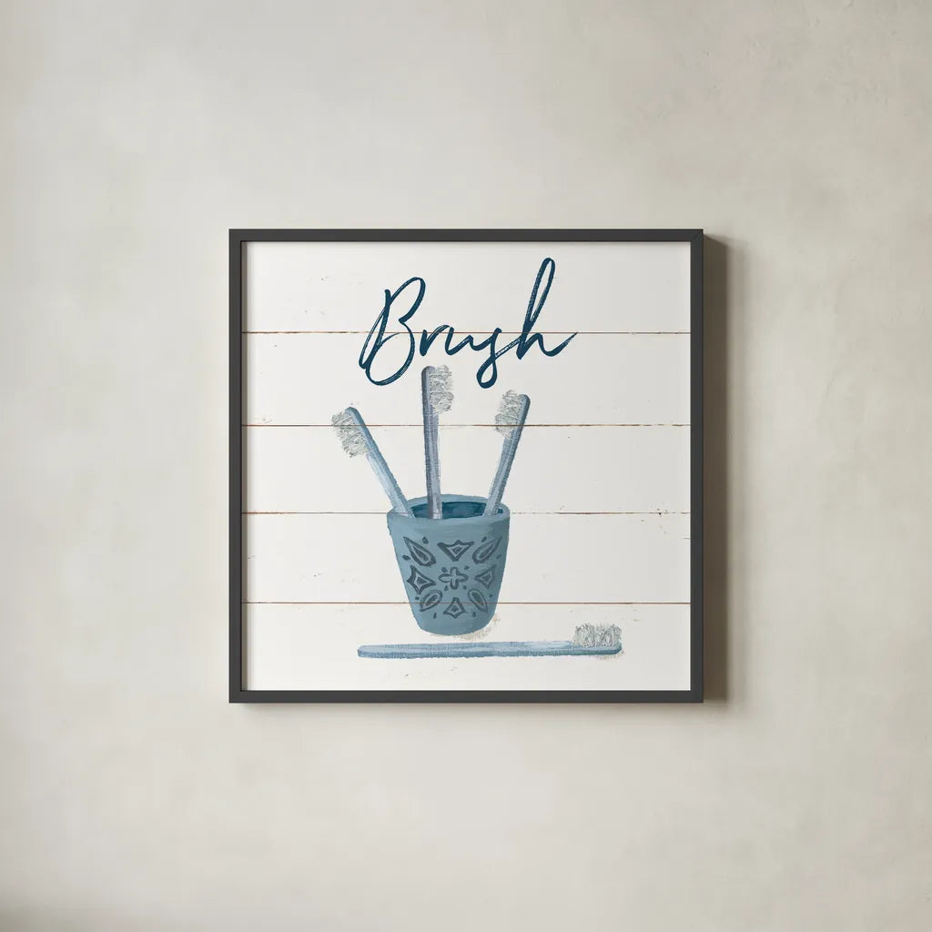 Cottage Bath IV by Wild Apple Portfolio. Shown in a sleek black glass frame for a contemporary gallery look. Available as an archival giclee rolled canvas, fine art paper, or poster print. SKU 64941a.