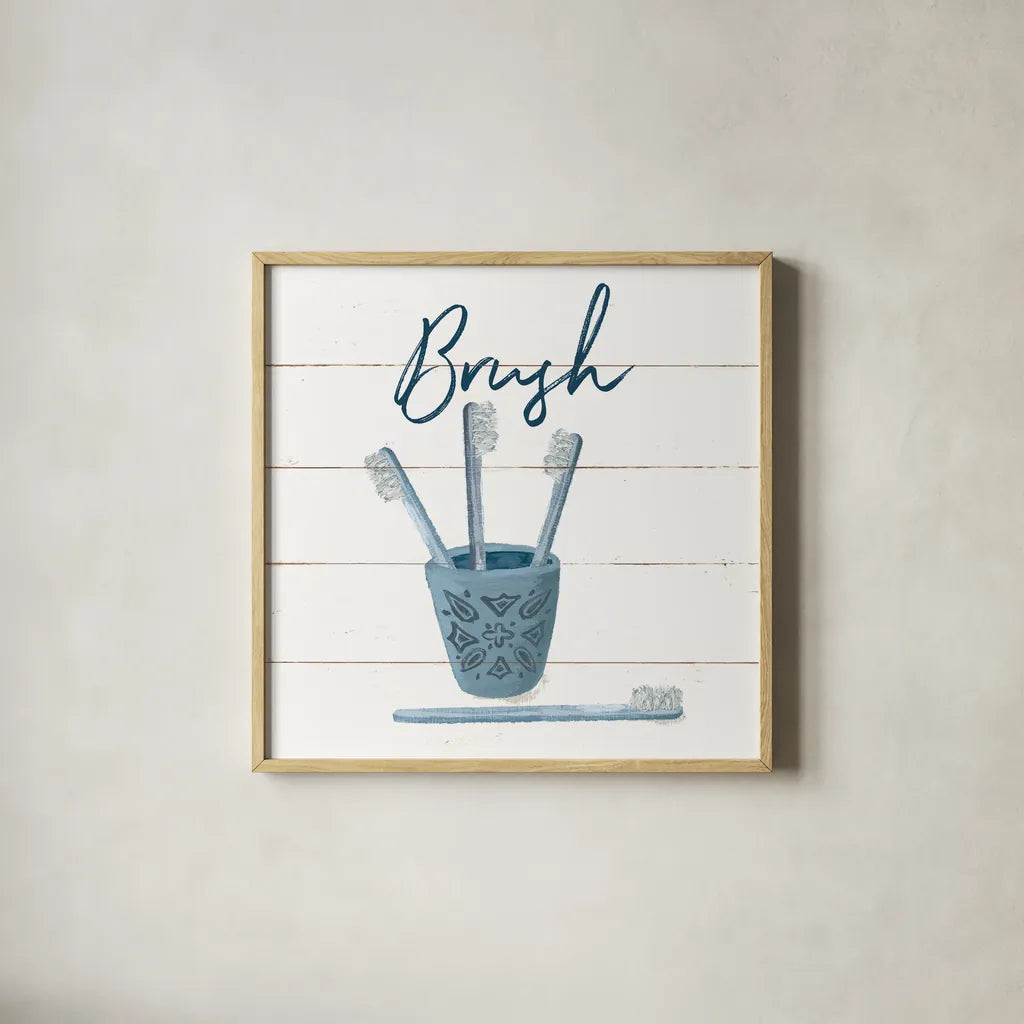 Cottage Bath IV by Wild Apple Portfolio. Shown in a natural wood glass frame for a timeless modern aesthetic. Available as an archival giclee rolled canvas, fine art paper, or poster print. SKU 64941a.