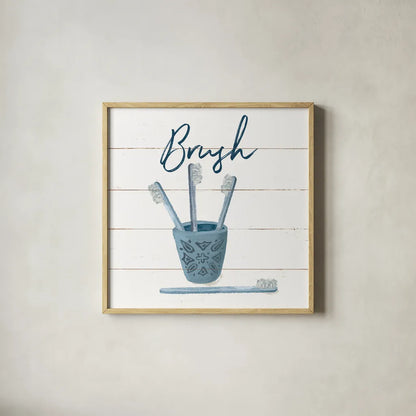 Cottage Bath IV by Wild Apple Portfolio. Shown in a natural wood glass frame for a timeless modern aesthetic. Available as an archival giclee rolled canvas, fine art paper, or poster print. SKU 64941a.