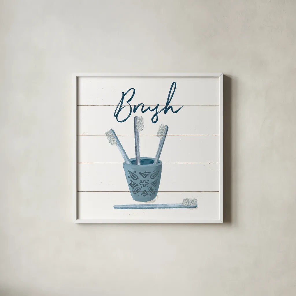 Cottage Bath IV by Wild Apple Portfolio. Shown in a crisp white glass frame for a clean and minimalist style. Available as an archival giclee rolled canvas, fine art paper, or poster print. SKU 64941a.