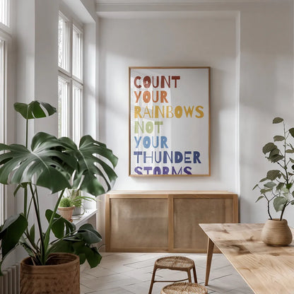 Count Your Rainbows Warm by Wild Apple Portfolio. shown as a print in a natural wood frame in a dining room. Available as a archival giclee rolled canvas, fine art paper, or poster print. SKU 69140h.
