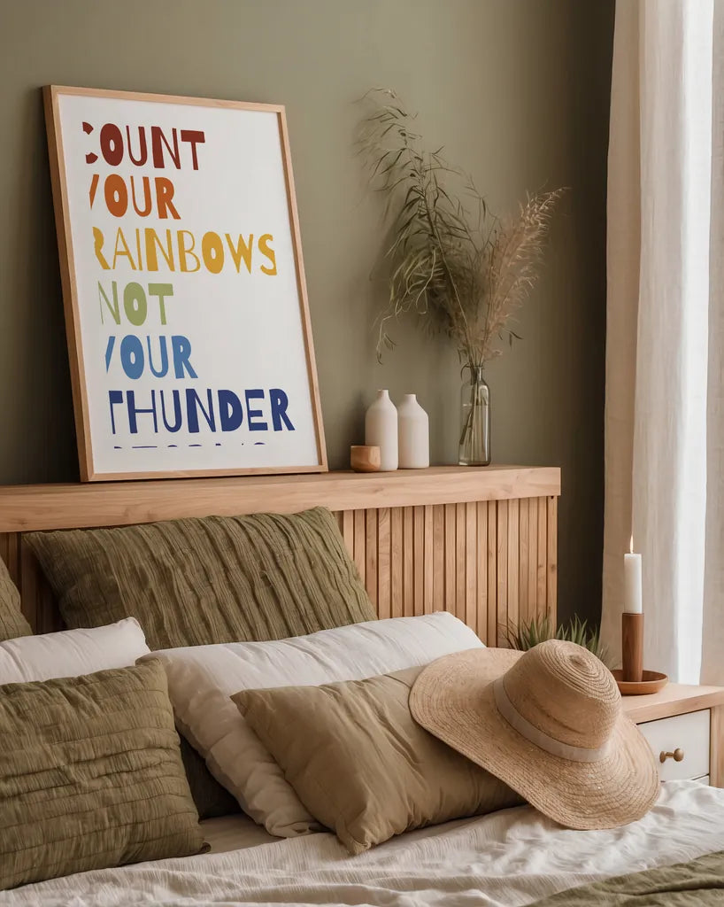 Count Your Rainbows Warm by Wild Apple Portfolio. shown as a paper print in a natural frame. Available as a archival giclee rolled canvas, fine art paper, or poster print. SKU 69140h.