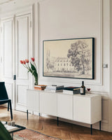 Country House Sketch by Wild Apple Portfolio. shown as a framed stretched canvas in a living room above a console. Available as a archival giclee rolled canvas, fine art paper, or poster print. SKU 70888i.