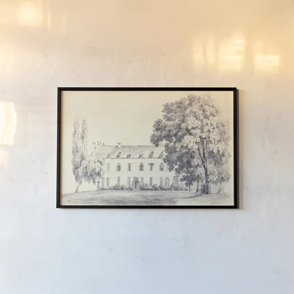 Country House Sketch by Wild Apple Portfolio. shown as a paper print in a black flame. Available as a archival giclee rolled canvas, fine art paper, or poster print. SKU 70888i.