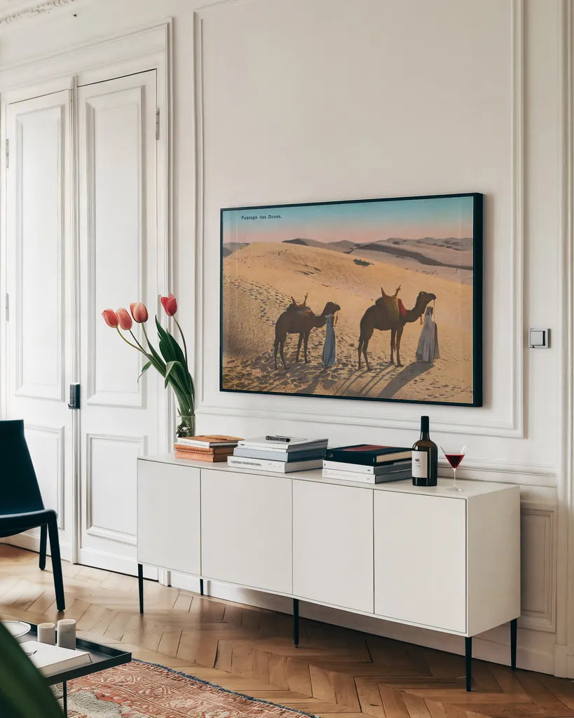 Desert Crossing by Wild Apple Portfolio. shown as a framed stretched canvas in a living room above a console. Available as a archival giclee rolled canvas, fine art paper, or poster print. SKU 71234i.