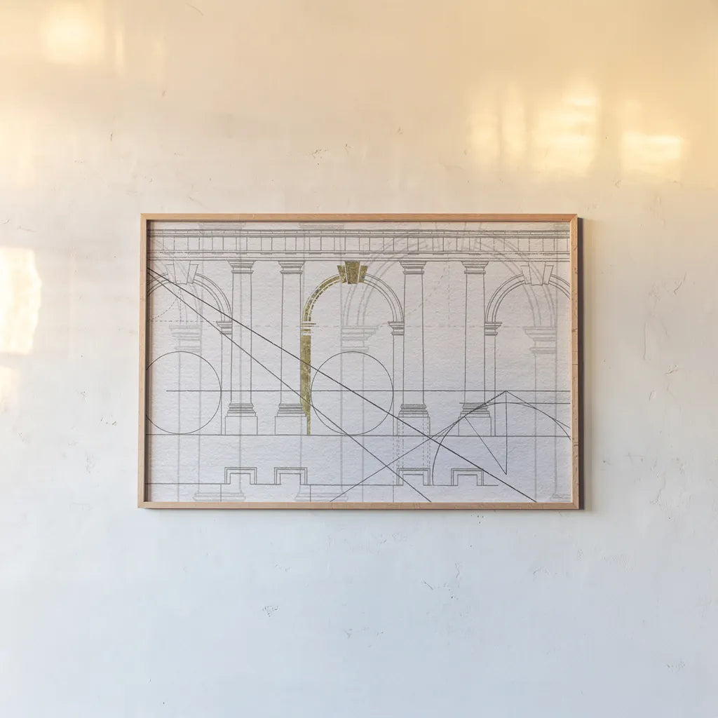 Doric Arcade by Wild Apple Portfolio. shown as a paper print in a natural frame. Available as a archival giclee rolled canvas, fine art paper, or poster print. SKU 60049i.