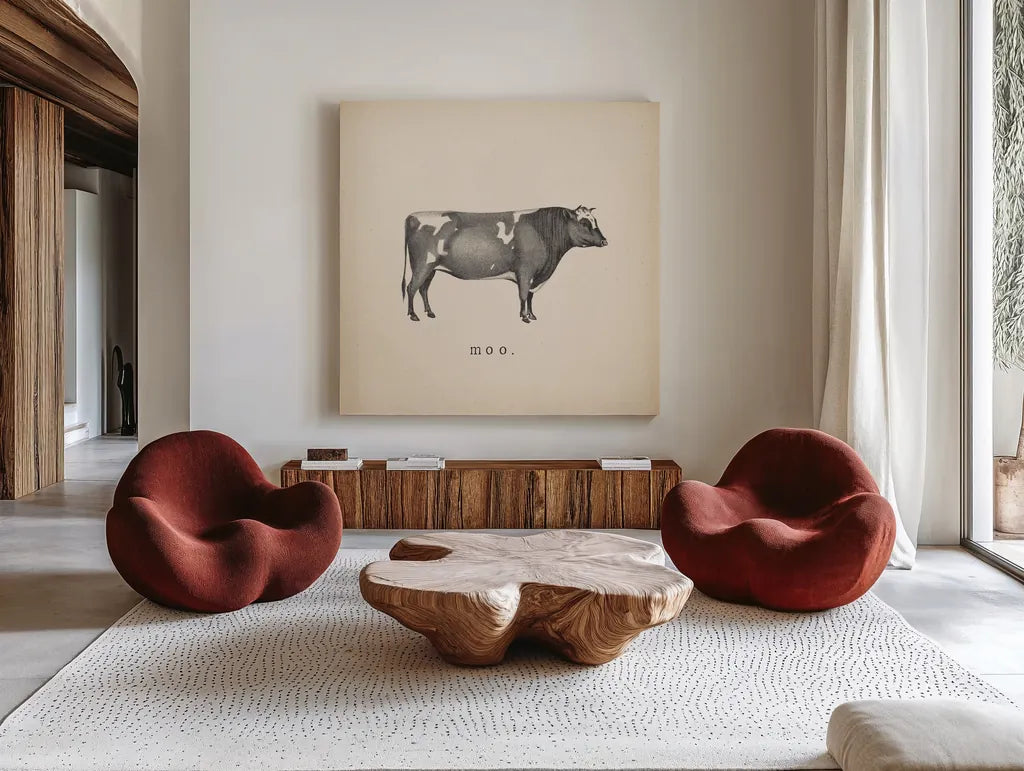 Down on the Farm I by Wild Apple Portfolio. Shown as extra-large giant wall art in a modern living room. Available as an archival giclee rolled canvas, fine art paper, or poster print. SKU 90141a.