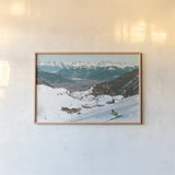 Downhill Skiing by Wild Apple Portfolio. shown as a paper print in a natural frame. Available as a archival giclee rolled canvas, fine art paper, or poster print. SKU 104287i.