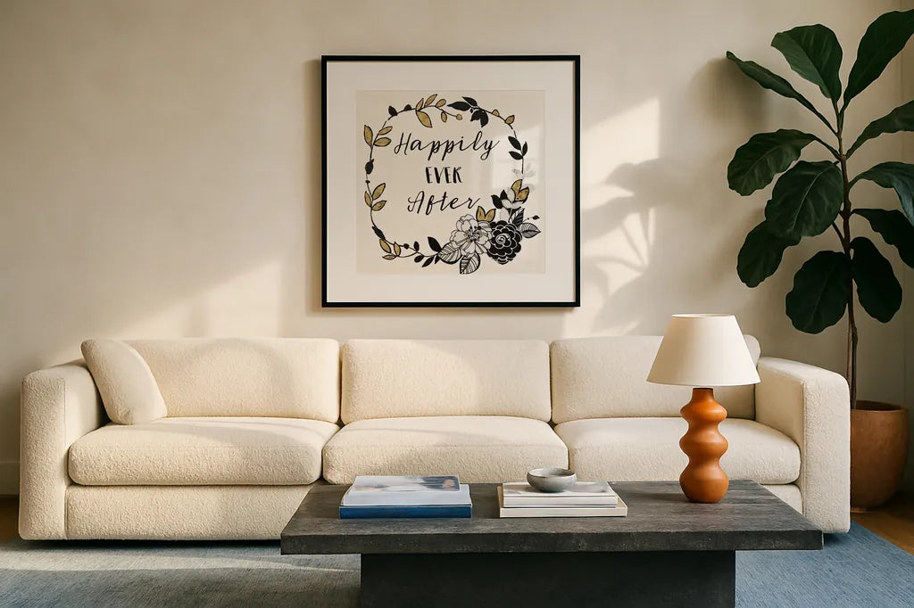 Dream Garden Inspiration I by Wild Apple Portfolio. Displayed in a glass frame with matte in a clean modern living room. Available as an archival giclee rolled canvas, fine art paper, or poster print. SKU 28560a.