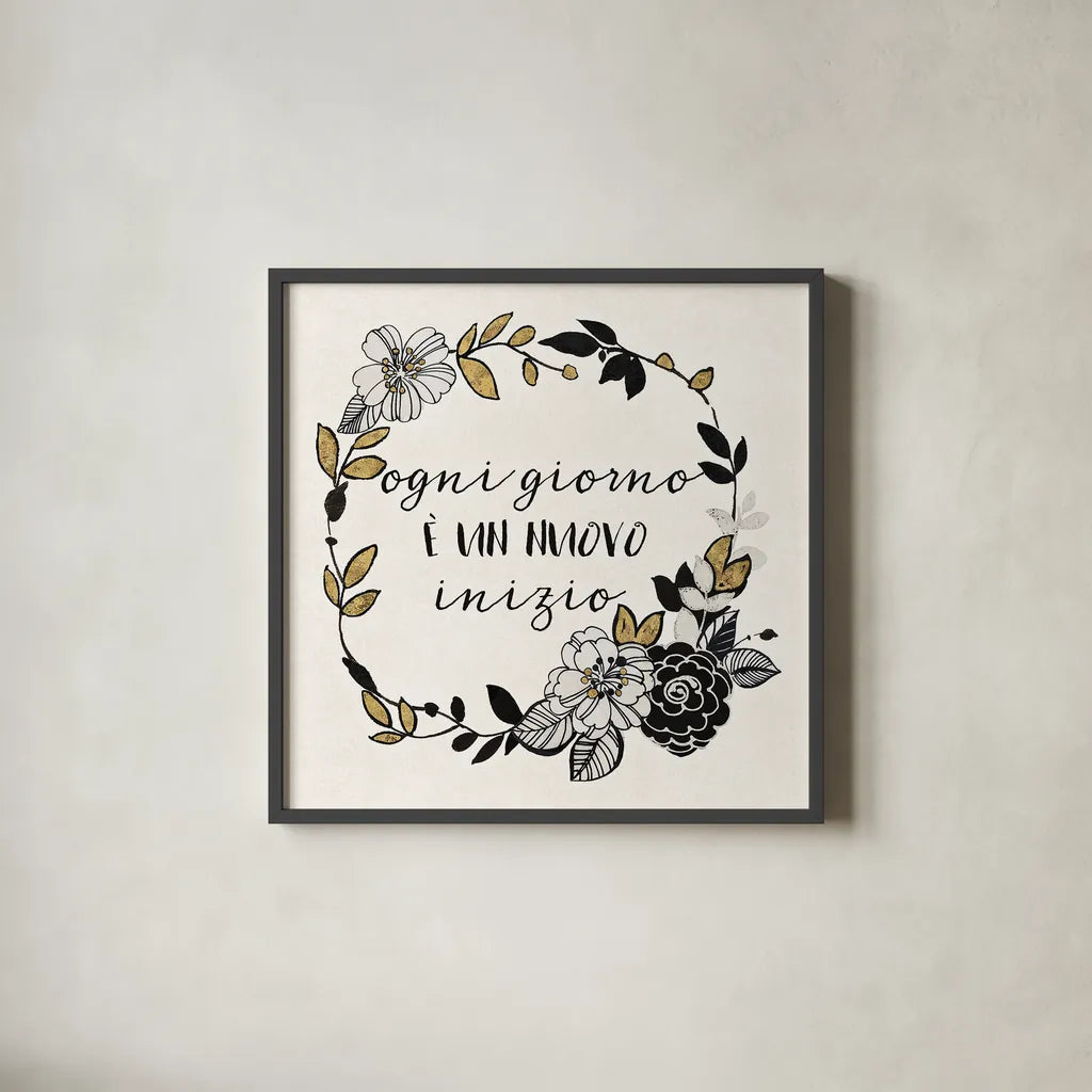 Dream Garden Inspiration I Italian by Wild Apple Portfolio. Shown in a sleek black glass frame for a contemporary gallery look. Available as an archival giclee rolled canvas, fine art paper, or poster print. SKU 34334a.