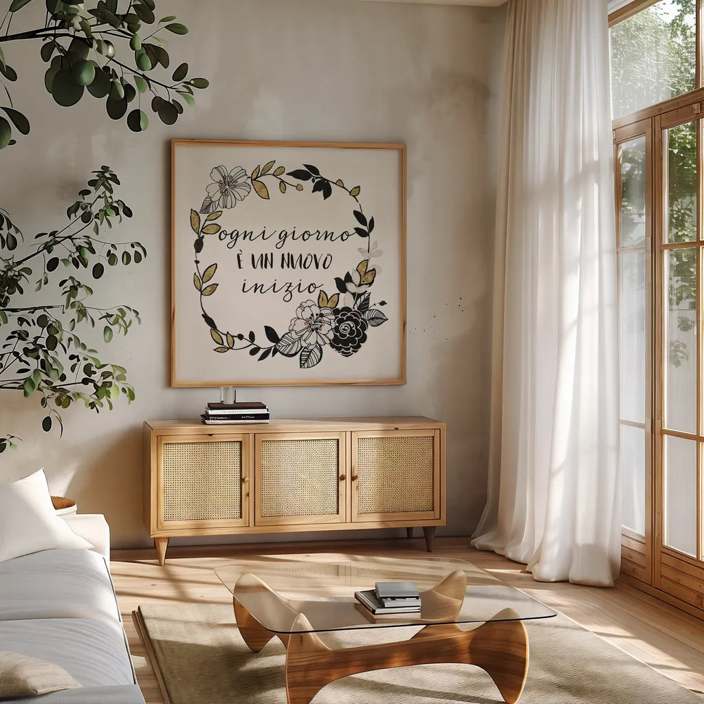 Dream Garden Inspiration I Italian by Wild Apple Portfolio. Shown in a natural wood frame in a cozy modern living room. Available as an archival giclee rolled canvas, fine art paper, or poster print. SKU 34334a.