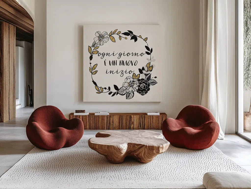 Dream Garden Inspiration I Italian by Wild Apple Portfolio. Shown as extra-large giant wall art in a modern living room. Available as an archival giclee rolled canvas, fine art paper, or poster print. SKU 34334a.