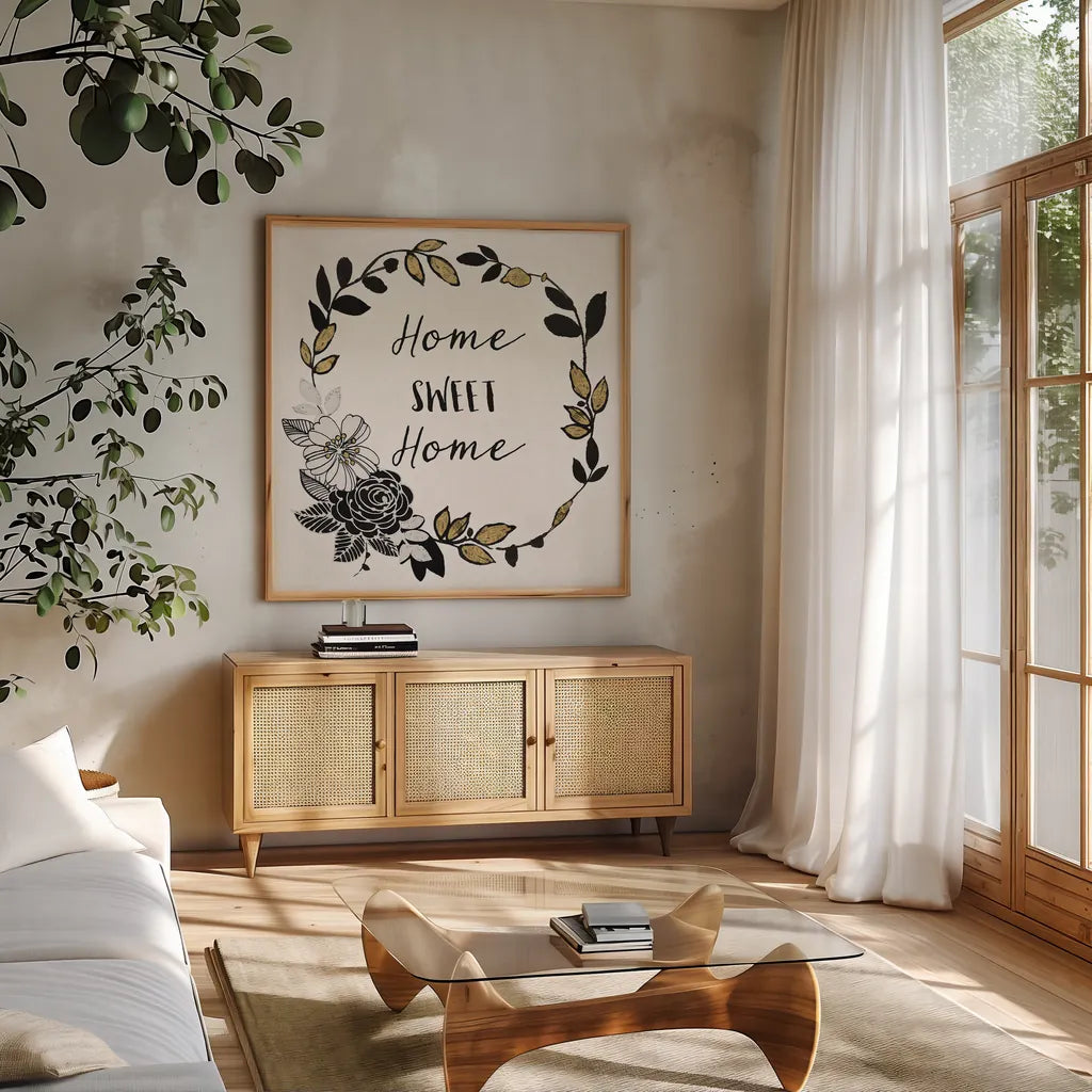 Dream Garden Inspiration II by Wild Apple Portfolio. Shown in a natural wood frame in a cozy modern living room. Available as an archival giclee rolled canvas, fine art paper, or poster print. SKU 28561a.