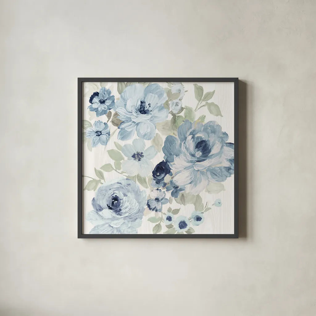 Driftwood Garden II Blue Crop by Wild Apple Portfolio. Shown in a sleek black glass frame for a contemporary gallery look. Available as an archival giclee rolled canvas, fine art paper, or poster print. SKU 56486a.