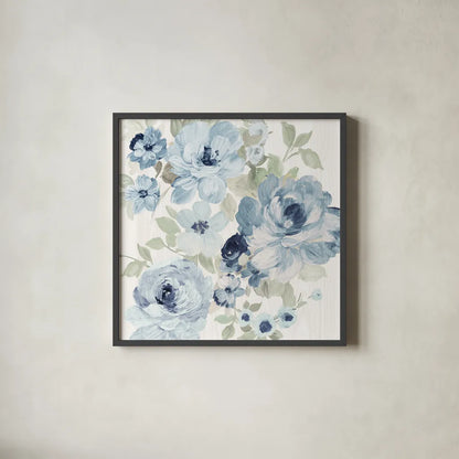 Driftwood Garden II Blue Crop by Wild Apple Portfolio. Shown in a sleek black glass frame for a contemporary gallery look. Available as an archival giclee rolled canvas, fine art paper, or poster print. SKU 56486a.
