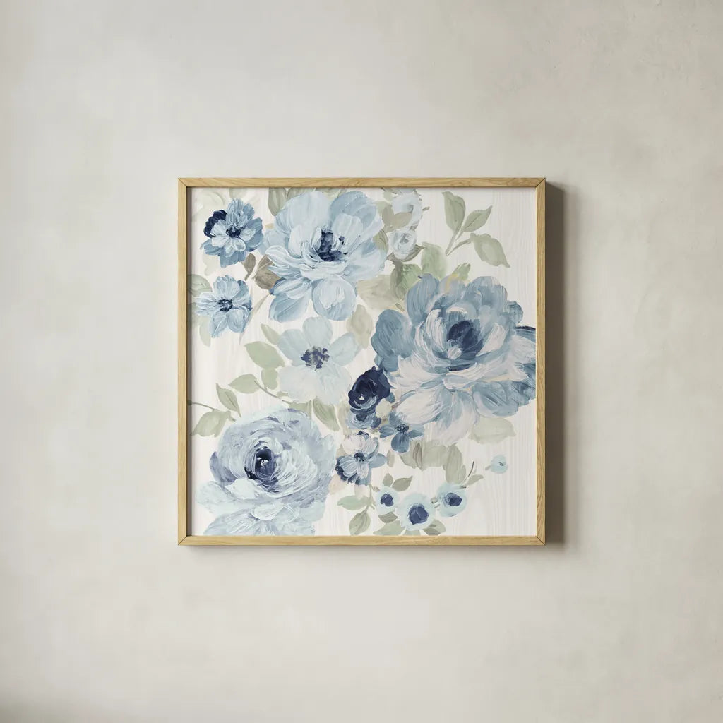 Driftwood Garden II Blue Crop by Wild Apple Portfolio. Shown in a natural wood glass frame for a timeless modern aesthetic. Available as an archival giclee rolled canvas, fine art paper, or poster print. SKU 56486a.