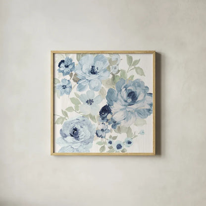 Driftwood Garden II Blue Crop by Wild Apple Portfolio. Shown in a natural wood glass frame for a timeless modern aesthetic. Available as an archival giclee rolled canvas, fine art paper, or poster print. SKU 56486a.