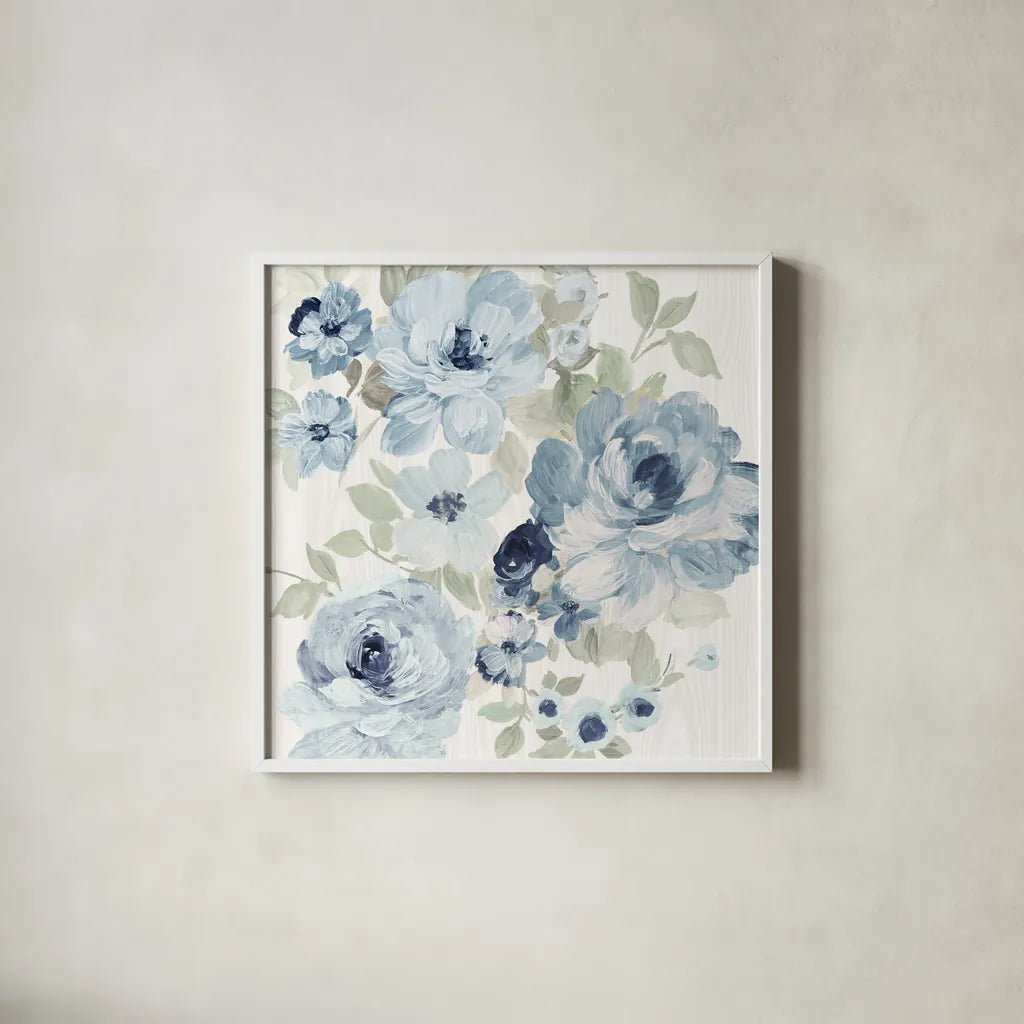 Driftwood Garden II Blue Crop by Wild Apple Portfolio. Shown in a crisp white glass frame for a clean and minimalist style. Available as an archival giclee rolled canvas, fine art paper, or poster print. SKU 56486a.