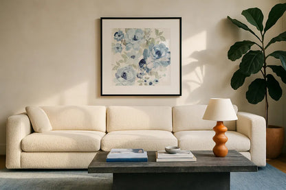 Driftwood Garden II Blue Crop by Wild Apple Portfolio. Displayed in a glass frame with matte in a clean modern living room. Available as an archival giclee rolled canvas, fine art paper, or poster print. SKU 56486a.