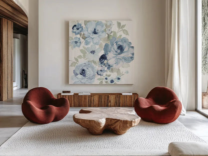 Driftwood Garden II Blue Crop by Wild Apple Portfolio. Shown as extra-large giant wall art in a modern living room. Available as an archival giclee rolled canvas, fine art paper, or poster print. SKU 56486a.