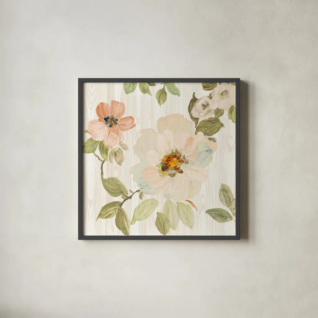 Driftwood Garden VII Neutral by Wild Apple Portfolio. Shown in a sleek black glass frame for a contemporary gallery look. Available as an archival giclee rolled canvas, fine art paper, or poster print. SKU 30741a.