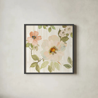 Driftwood Garden VII Neutral by Wild Apple Portfolio. Shown in a sleek black glass frame for a contemporary gallery look. Available as an archival giclee rolled canvas, fine art paper, or poster print. SKU 30741a.