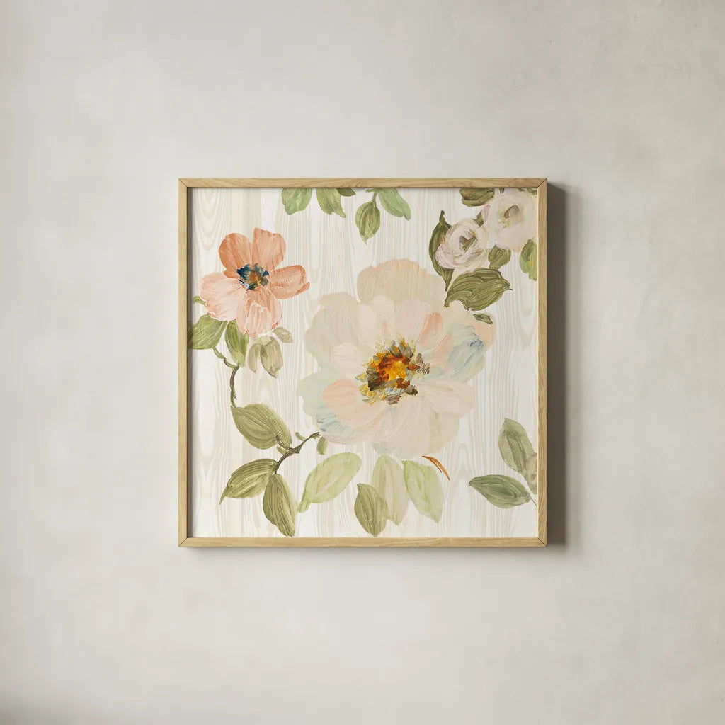 Driftwood Garden VII Neutral by Wild Apple Portfolio. Shown in a natural wood glass frame for a timeless modern aesthetic. Available as an archival giclee rolled canvas, fine art paper, or poster print. SKU 30741a.