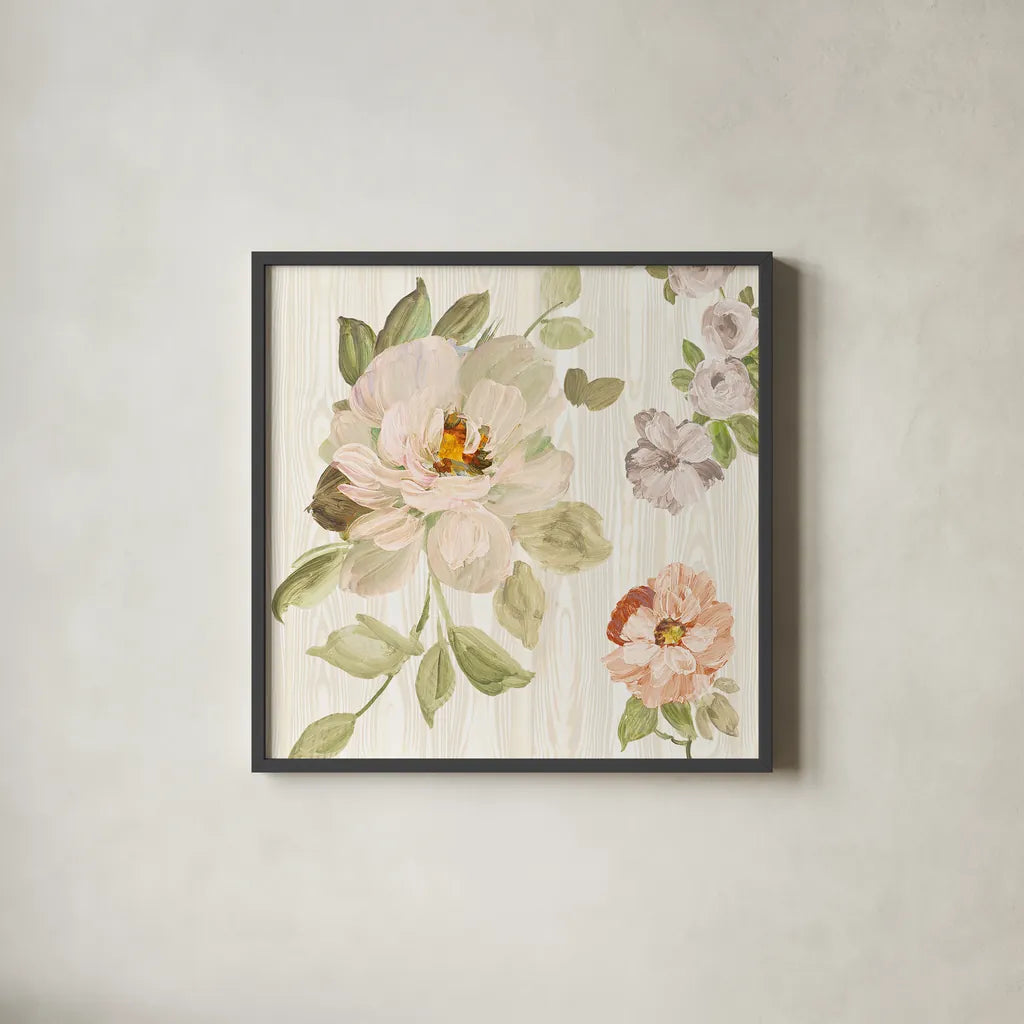 Driftwood Garden VIII Neutral by Wild Apple Portfolio. Shown in a sleek black glass frame for a contemporary gallery look. Available as an archival giclee rolled canvas, fine art paper, or poster print. SKU 30742a.
