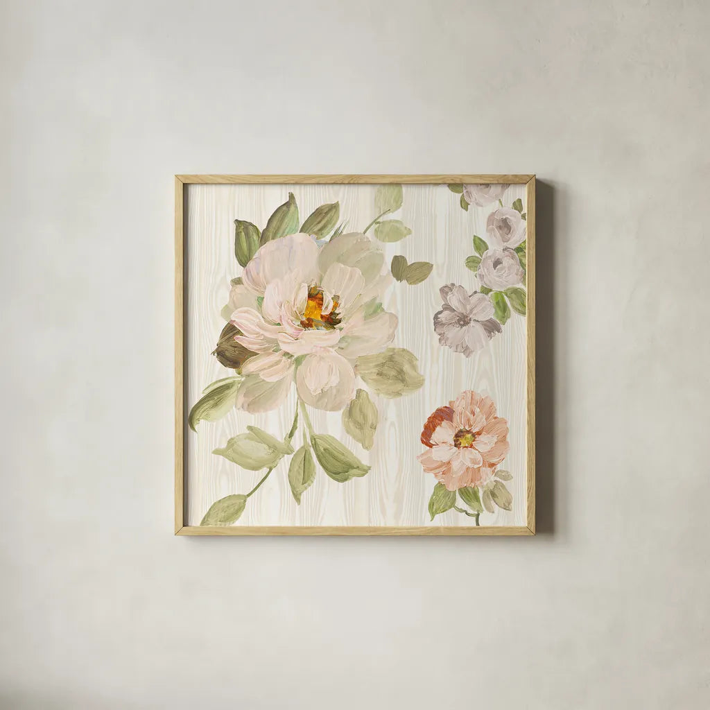 Driftwood Garden VIII Neutral by Wild Apple Portfolio. Shown in a natural wood glass frame for a timeless modern aesthetic. Available as an archival giclee rolled canvas, fine art paper, or poster print. SKU 30742a.