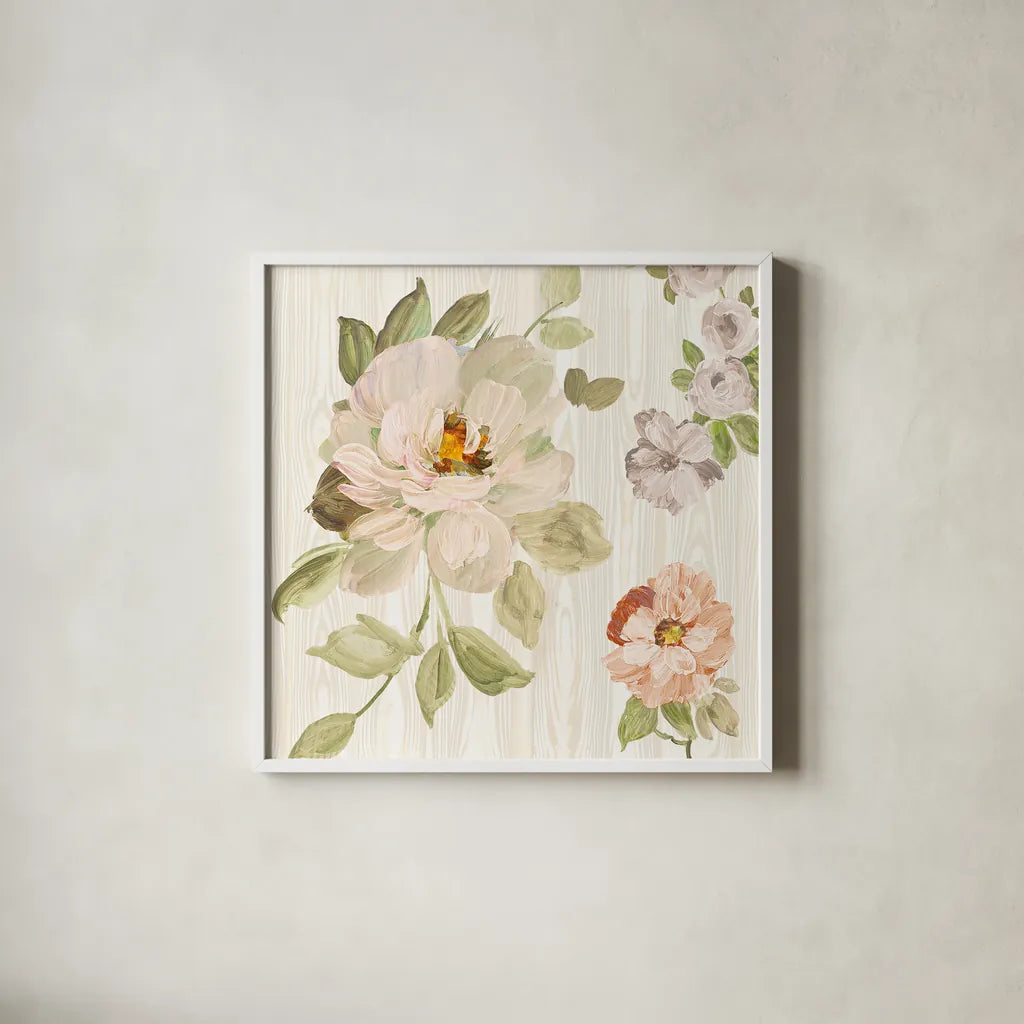 Driftwood Garden VIII Neutral by Wild Apple Portfolio. Shown in a crisp white glass frame for a clean and minimalist style. Available as an archival giclee rolled canvas, fine art paper, or poster print. SKU 30742a.
