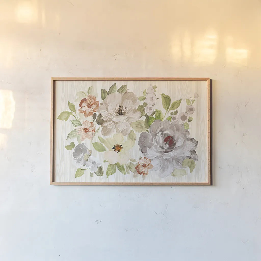 Driftwood Garden X Neutral by Wild Apple Portfolio. shown as a paper print in a natural frame. Available as a archival giclee rolled canvas, fine art paper, or poster print. SKU 30743i.