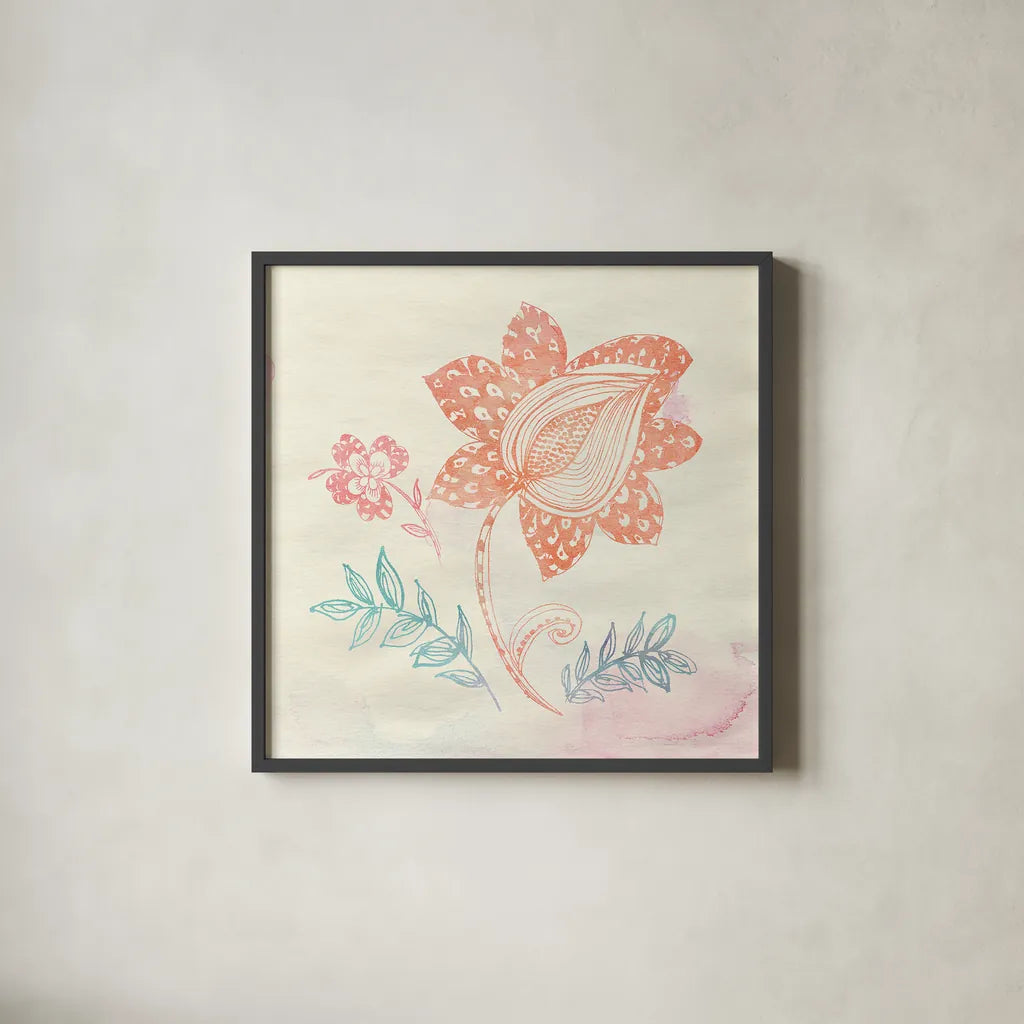 Eastern Boho I by Wild Apple Portfolio. Shown in a sleek black glass frame for a contemporary gallery look. Available as an archival giclee rolled canvas, fine art paper, or poster print. SKU 35355a.