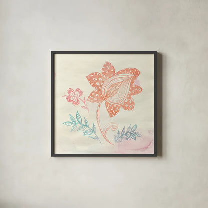 Eastern Boho I by Wild Apple Portfolio. Shown in a sleek black glass frame for a contemporary gallery look. Available as an archival giclee rolled canvas, fine art paper, or poster print. SKU 35355a.