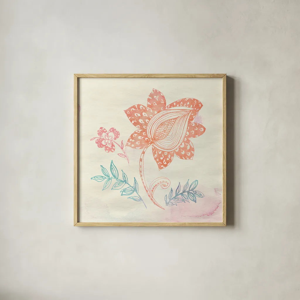 Eastern Boho I by Wild Apple Portfolio. Shown in a natural wood glass frame for a timeless modern aesthetic. Available as an archival giclee rolled canvas, fine art paper, or poster print. SKU 35355a.