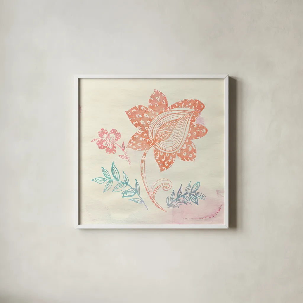 Eastern Boho I by Wild Apple Portfolio. Shown in a crisp white glass frame for a clean and minimalist style. Available as an archival giclee rolled canvas, fine art paper, or poster print. SKU 35355a.