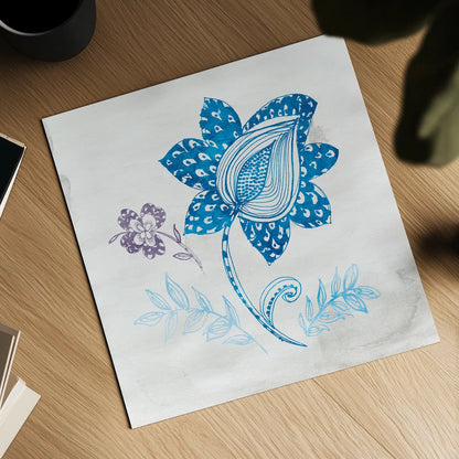 Eastern Boho I Peacock Blue by Wild Apple Portfolio. Shown as a detailed flat fine art print, highlighting archival giclee quality. Available as an archival giclee rolled canvas, fine art paper, or poster print. SKU 37977a.