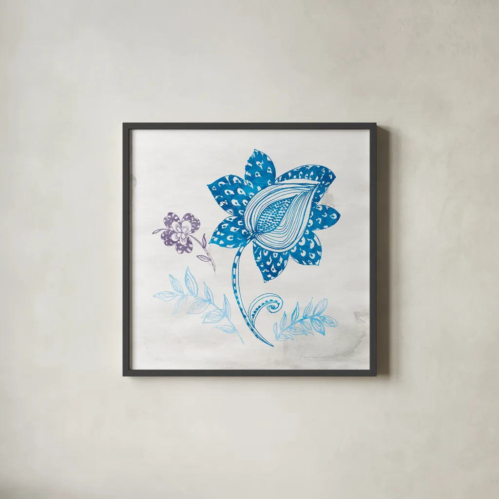 Eastern Boho I Peacock Blue by Wild Apple Portfolio. Shown in a sleek black glass frame for a contemporary gallery look. Available as an archival giclee rolled canvas, fine art paper, or poster print. SKU 37977a.